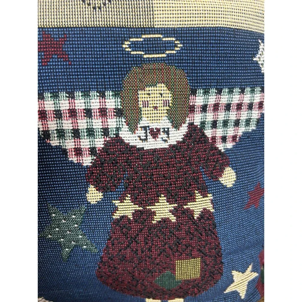 Vintage Christmas Tapestry Pillow Angels Moon Stars Folk Art Cottagecore Decor